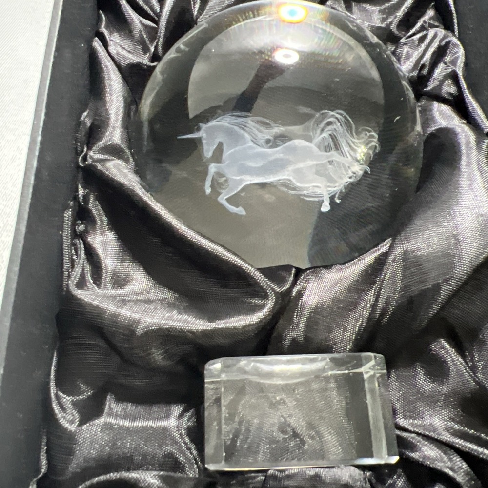 Unicorn glass paperweight 3" Round With Stand And Beautiful Box - Picture 7 of 8